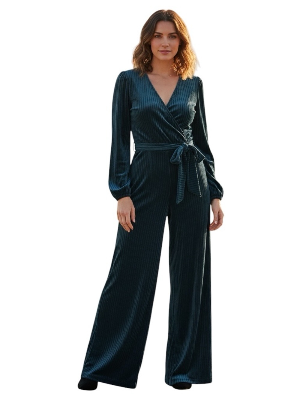 Ali & Jay Anthropologie Samantha Teal Velvet Pleated Wide Leg Jumpsuit XS in EUC